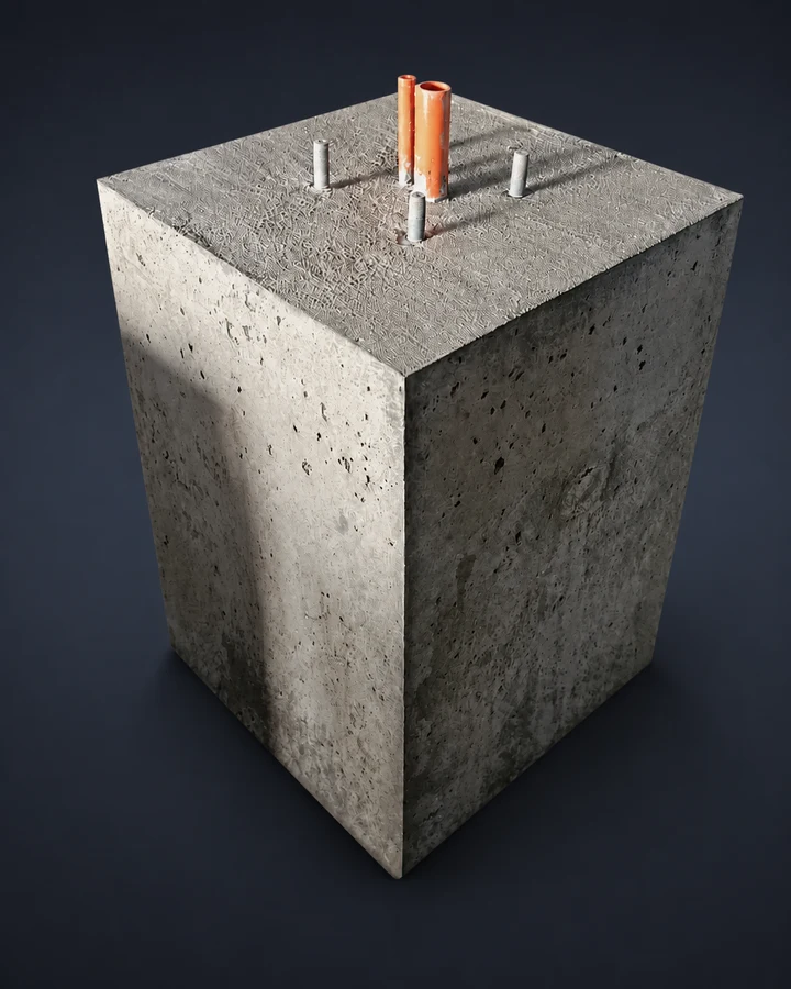 Base de concreto para poste fabricada por Vibrados Navarrete, con pernos de anclaje y conducciones incorporadas