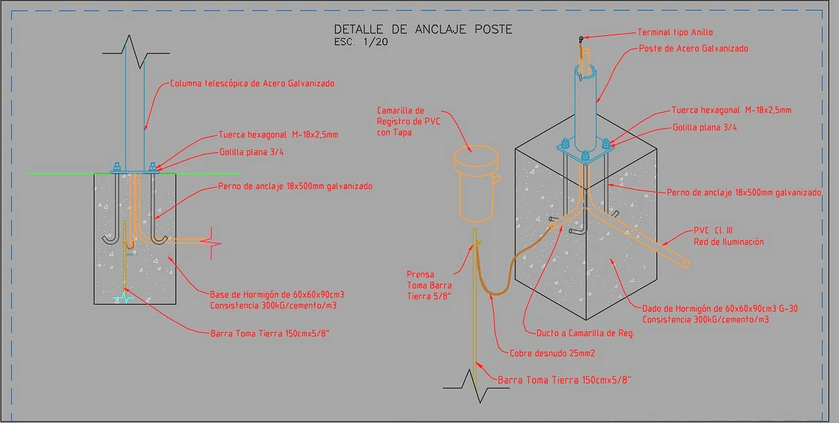 Esquema referencial de una base de concreto con anclajes y canalizaciones para poste